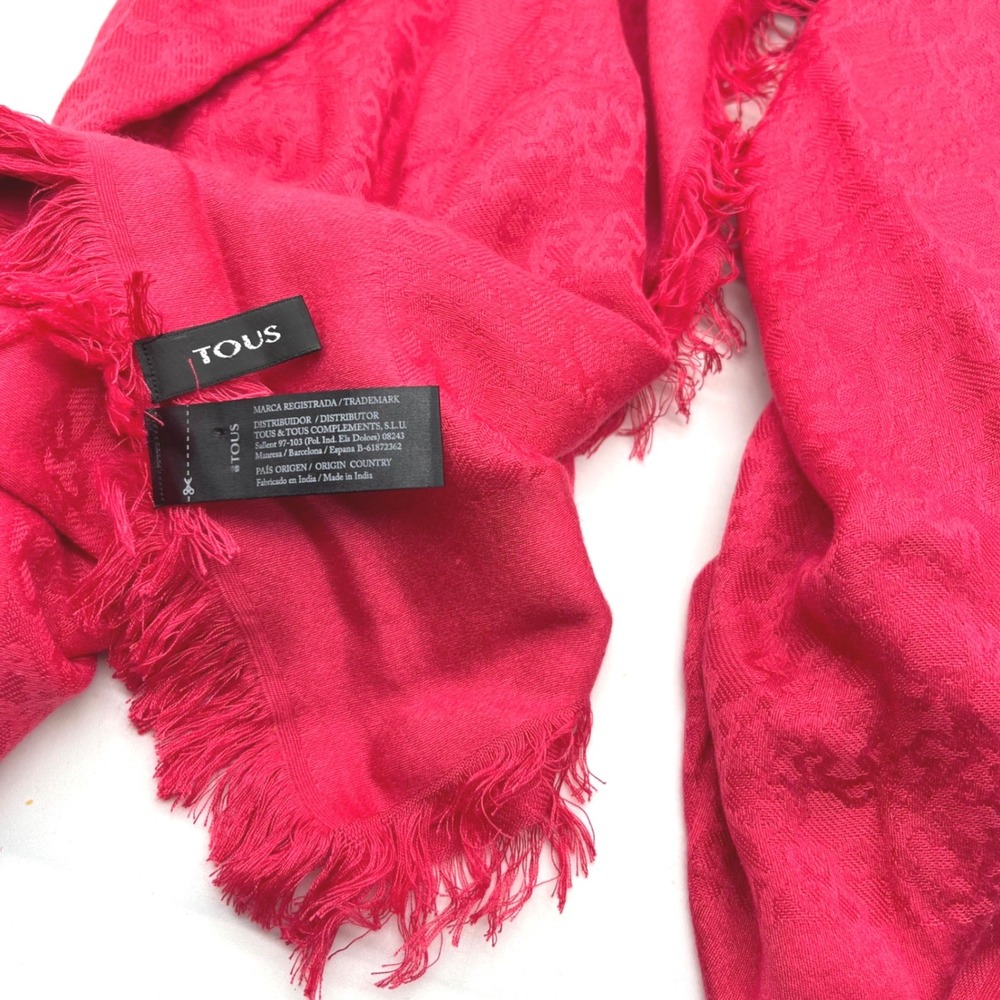 TOUS Pink Red Bear Logo Jacquard Scarf 100% Modal Fringed Square Wrap 120x120cm